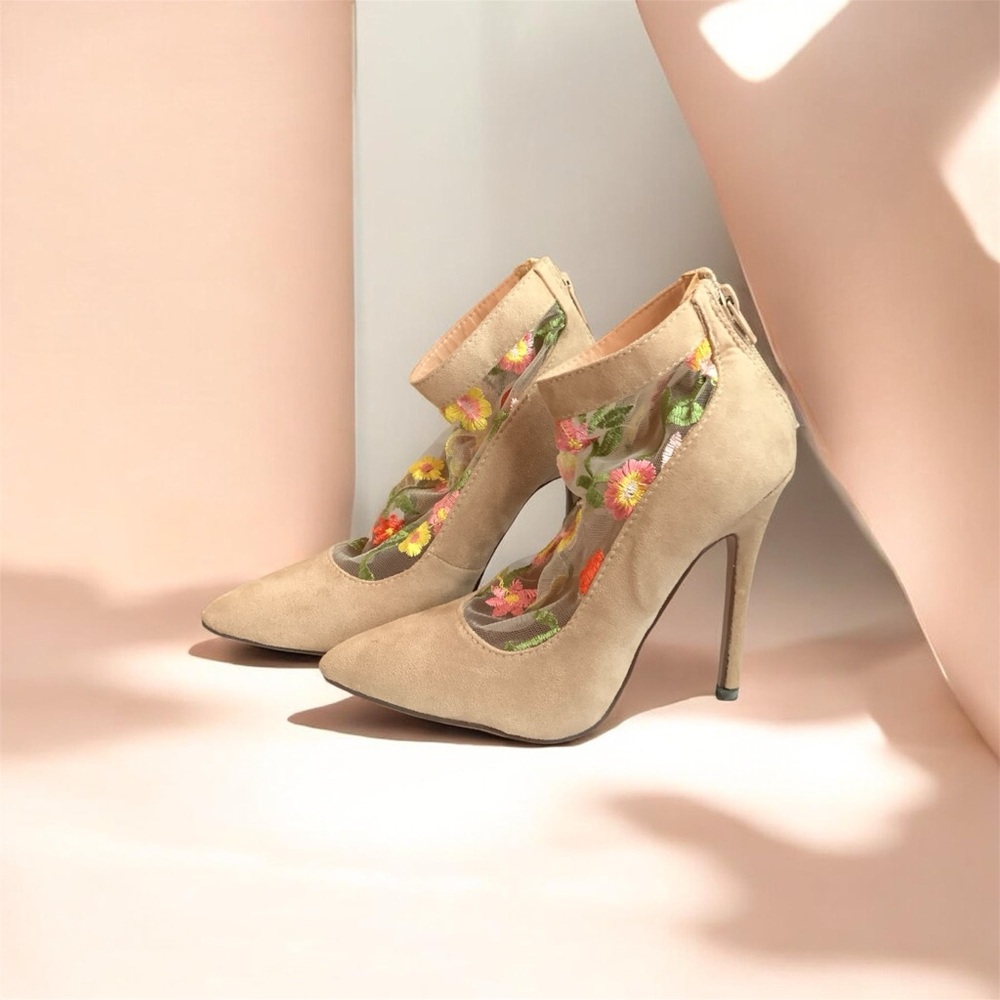 Chase + Chloe Tan Floral Heels